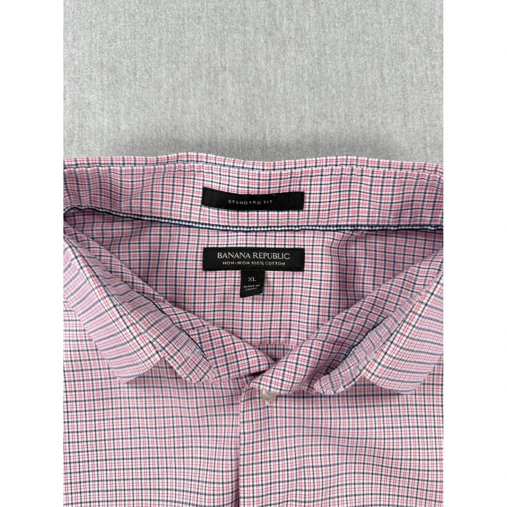 Banana Republic Mens XL Standard Fit Non-Iron Pink Blue Micro Check Dress‎ Shirt